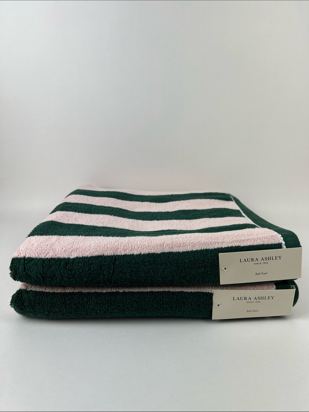 Laura Ashley Bath Towels Sunshine Stripe Pink Dark Green Soft Cotton 2 Pc NEW - Picture 8 of 8